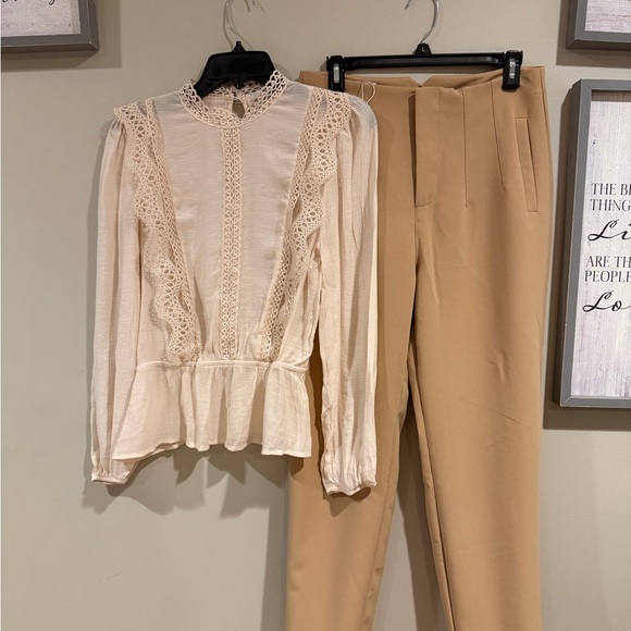 Elegant Lace Cream Blouse & Camel Tailored Pants Outfit Set - Picture 1 of 3